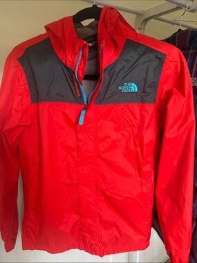 The North Face Red and Dark Gray Hooded Rain Jacket